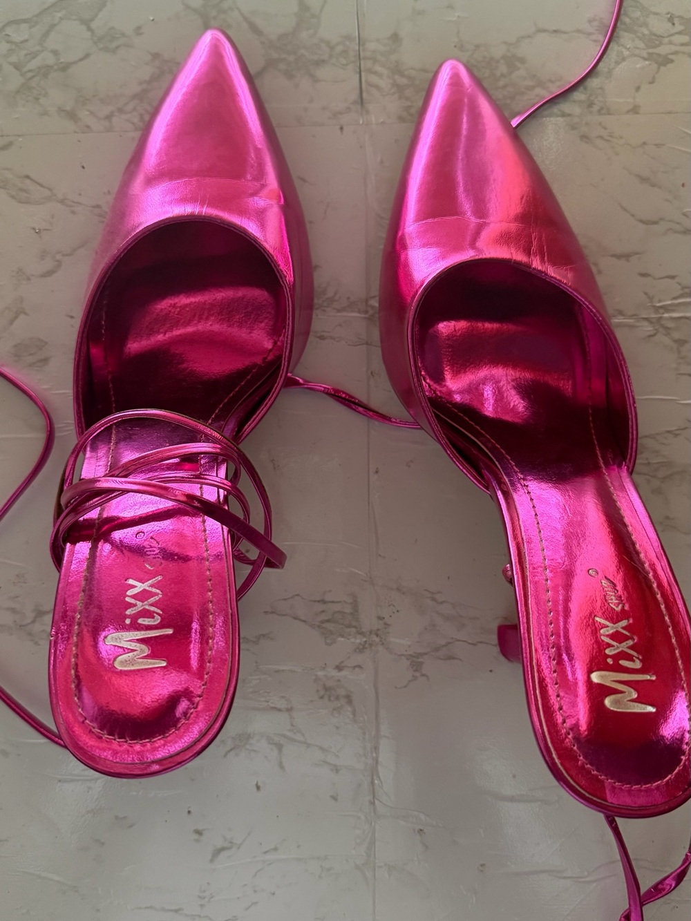 Pink Metallic Pointed-Toe Lace-Up Mules